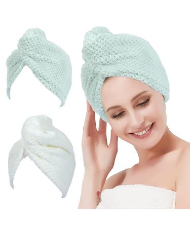MaopaoBeauty 2 Pack Microfiber Towel for Hair Drying Super Absorbent Turbie Twist Hair Towels with Double Buttons Hair Wrap Towels for Curly Hair Hair Turbans for Wet Hair (Beige&Green) Beige+green