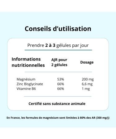 Magnesium Bisglycinate + Vitamin B6 + Zinc Bisglycinate | Combat Fatigue - Stress | High Content 300mg/d & Bioavailability | 60 Capsules - Vegan | Made in France | Argalys Essentials - Buy Online on GoSupps.com