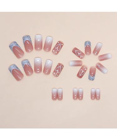 SINSEN Square Press on Nails - Medium French Tip with Heart Design Glossy Pink Fake Nails Set (24 Pcs) - Reusable & Includes Adhesive Glue Stickers - 12 Sizes Available - Buy Online on GoSupps.com