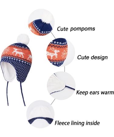 LANGZHEN Toddler Winter Hat with Earflap, Fleece Lined Beanie for Baby Boys Girls 1-2 Years - Deer-Navy Blue - Buy Online on GoSupps.com