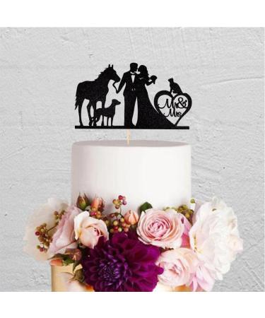 Mr & Mrs Cake Topper Bride and Groom with Cat Dog Horse Silhouette Wedding Party Decorations Black Glitter - Buy Online on GoSupps.com