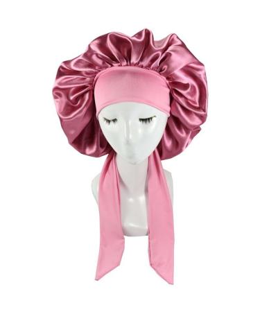 Satin bonnet sleeping hood silk adjustable sleeping cap elastic shower hood headscarf sleeping bonnet silk hood for sleep soft for sleep shower hair care spa hairdressing salons (pink)