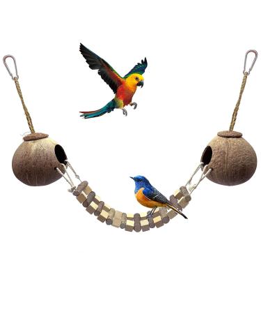 Hamiledyi Coconut Bird Nest Hut with Ladder Hanging Birds Hide House Toy for Cage Natural Coco Shell Hideaway for Parakeet Lovebirds Finch Syrian Hamster Gecko Squirrel Climbing