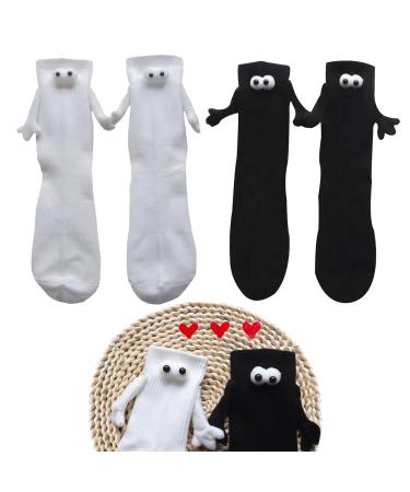 2 Pair Funny Magnetic Suction Couple Holding Hands Socks 3D Doll Socks Funny Adult Mid-Tube Socks Novelty Socks for Women Men Black+White