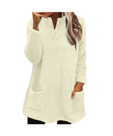AMhomely Ladies Womens Soft Teddy Fleece Hooded Jumper Plus Size Double Fleece Casual Hoodies With Pocket V Neck Soft Fleece Hooded Sweatshirts Plain Pullover Tops Winter Lightweight Lounge Tops 04 Beige 3XL