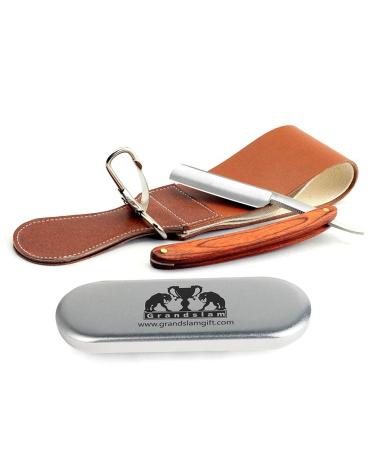 Grandslam Pro Natural Wooden Handle 420 Stainless Steel Straight Razor with Premium Leather Strop,Straight Razor Shaving Kit for Men,2 Layers Leather Canvas Strop Sharpening Strop