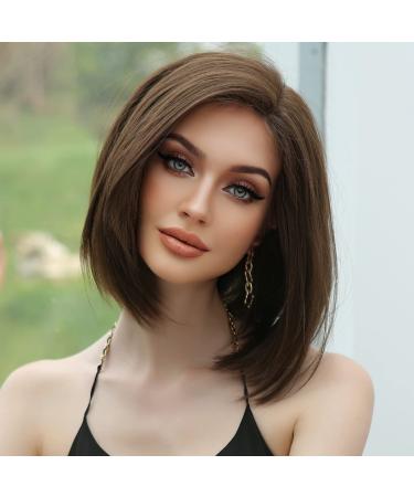 HAIRCUBE Brown Wigs for Women Bob Shoulder Length Straight Synthetic Lace Wig Side Parting