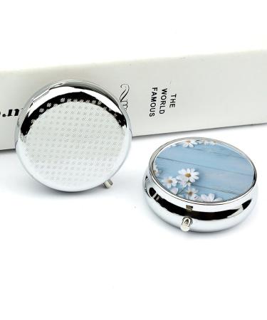 Round Pill Box with White Flowers & Light Blue Wood Print - 3 Compartment Portable Pill Organizer - Decorative Metal Pocket Pill Case - Style 42 - Buy Online on GoSupps.com