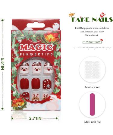 Vatocu Christmas False Nails - Short Red Press On Nails with Snowflakes, Elk, Snowman Design - 24pcs for Women and Girls - Buy Online on GoSupps.com