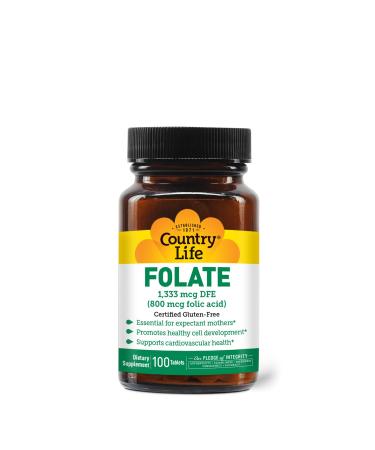 Country Life Folate 800 mcg (Folic Acid) Supports Healthy Cell Development & Heart Health Prenatal Support for Women 100 Tablets Certified Gluten-Free Vegetarian Kosher