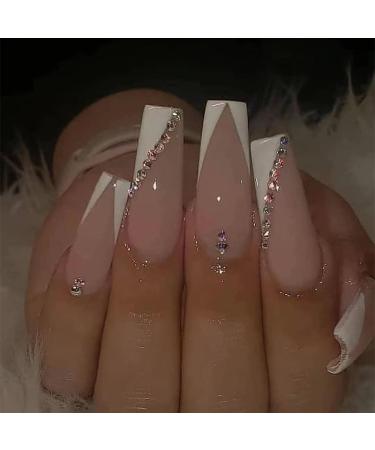 24pcs Long Coffin False Nails French Tip Stick on Nails White Edge Press on Nails with Rhinestones Removable Glue-on Nails Fake Nails Women Girls Nail Art Accessories 0221Y01