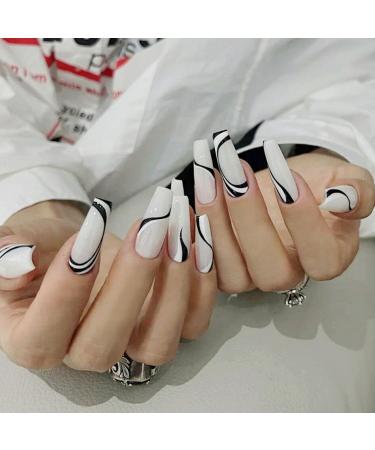 Handcess coffin artificial nails white shiny art nail line long press nails ballerina acrylic to stick on nails 24 pieces for women and girls