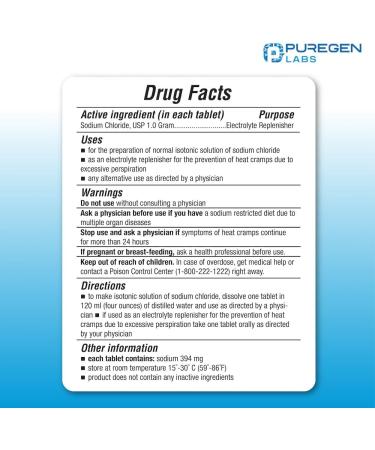 Puregen Labs Sodium Chloride Tablets 1 gm (1000 mg) - 100 Count | Electrolyte Replenisher | Normal Salt Tablets Made in USA | International Shipping Available - Buy Online on GoSupps.com