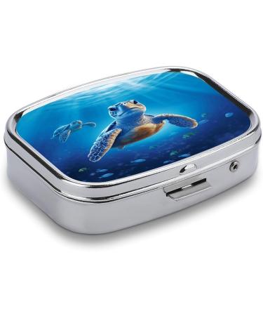 Pill Box Turtle Blue Water Print | 2 Compartment Portable Pill Organizer | Decorative Metal Medicine Case for Pocket & Purse - Buy Online on GoSupps.com