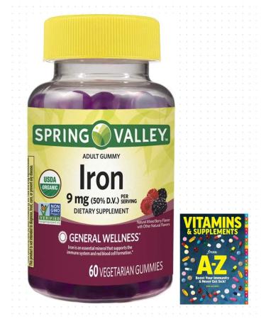 Spring Valley Organic Iron 9 mg General Wellness Mixed Berries 60 Vegetarian Gummies+Better Guide Vitamins Supplements