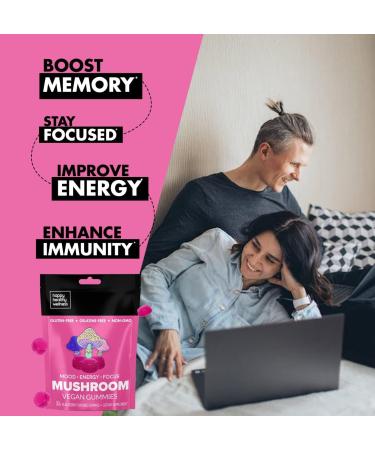 Happy Healthy Wellness Vegan Mushroom Gummies - Immunity, Energy, Focus & Mood Boost - 10 Mushroom Extracts with Lion's Mane, Cordyceps & Reishi - BlackBerry Flavor - 30 Gummies - Made in USA - Buy Online on GoSupps.com