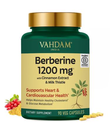 VAHDAM Berberine 97% HCL 1200mg Extract with Cinnamon and Milk Thistle | Supports Heart Health and Helps Maintain Healthy Cholesterol & Glucose Metabolism | 90 Veg Capsules