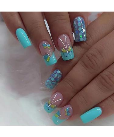 24pcs Square Press on Nails Medium Fake Nails Glossy Glue on Nails Blue Green with Butterfly Nail Sequin Design False Nails Acrylic Full Cover Stick on Nails for Women Manicure