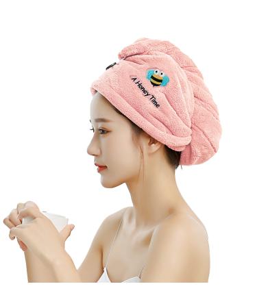 Hair Turban Towel Microfiber Super Absorbent Hair Towel Turban with Button Design for Quickly Drying Hair (Pink) Rose