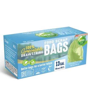 UNNI 100 Compostable Drawstring Bags - 13 Gallon, 30 Count, Heavy Duty 1 Mil, ASTM D6400 & EN 13432 Certified - Buy Online on GoSupps.com