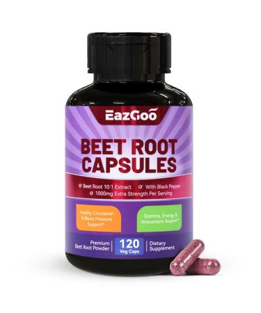 Beet Root Capsules 1000mg Per Serving Supports Nitric Oxide Production & Blood Pressure with Black Pepper Extract Non-GMO Gluten Free Vegan - 120 Counts 120 Count (Pack of 1)