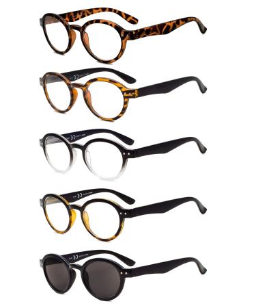 Eyekepper 5-Pack Spring Hinges Round Retro Reading Glasses Including Sunglasses +1.50 5 Pcs Mix