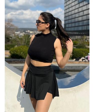 G4Free Women's Cross Waist Tennis Skirt with Shorts - Black, Small | Athletic Golf Skort with Pleats & Pocket - Buy Online on GoSupps.com