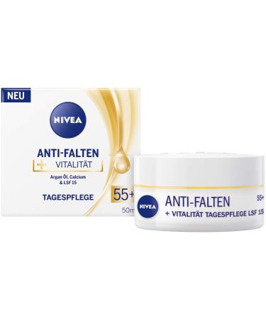 NIVEA Anti-Wrinkle + Vitality Day Cream SPF 15 55+ (50 ml) Face Cream with Argan Oil and Calcium Day Cream Visibly Reduces Lines and Wrinkles