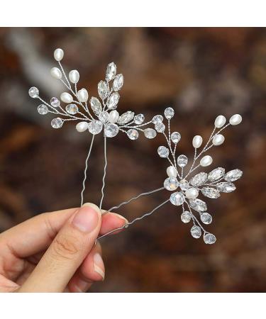Casdre Crystal Bride Wedding Hair Pins Silver Rhinestone Bridal Hair Pieces Pearl Hair Accessories for Women and Girls (Pack of 2)