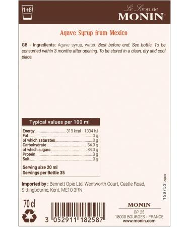 MONIN Premium Agave Syrup 700 ml for Cocktails and Mocktails. Vegan-Friendly Allergen-Free 100% Natural Flavours and Colourings. Sugar Syrup - Buy Online on GoSupps.com