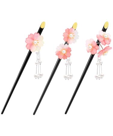 Japanese Style Hair Pin 3 Pieces Geisha Hair Chopsticks Hair Sticks with Tassel Pink Acrylic Cherry Blossom Stick Vintage Chinese Theme Chignon Pin for Women Girls Hairstyle Making Accessories
