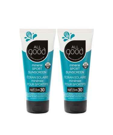 All Good Sport Face & Body Sunscreen Lotion - TSA-Friendly Camping Backpacking - UVA/UVB Broad Spectrum SPF30+ Water Resistant - Zinc Shea Butter Coconut Oil Aloe (3 oz)(2-Pack) 3 Fl Oz (Pack of 2)