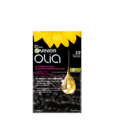 Garnier Olia Permanent Hair Dye Ammonia-Free Hair Color 2.0 Soft Black Long-Lasting Hair Shine With 60% Oils 1 Application BLACK SHADES 2.0 Soft Black