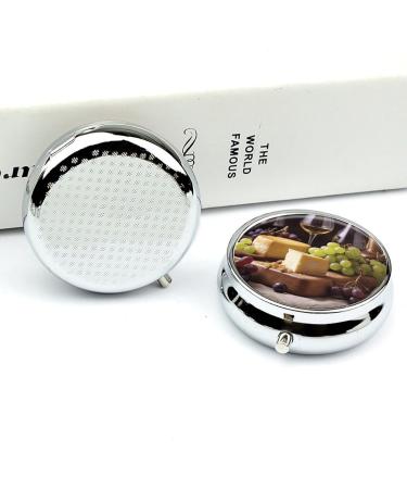 Portable Round Pill Box - Decorative 3 Compartment Organizer with White Wine Cheese Cake Grapes Print - Stylish Metal Pocket Pill Case - Buy Online on GoSupps.com