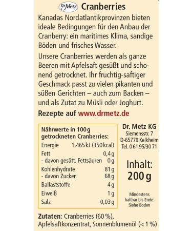  Dr. Metz Dried cranberries sweetened with apple juice (250 g) - Buy Online on GoSupps.com