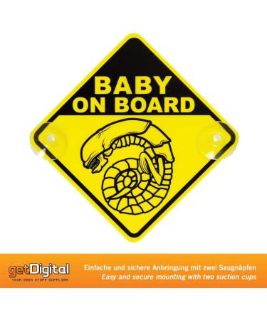 Getdigital Chestburster Baby on Board Sign - Funny Alien Film Warning - Yellow Child Safety Sign with Suction Cups - 16x16 cm - Buy Online on GoSupps.com