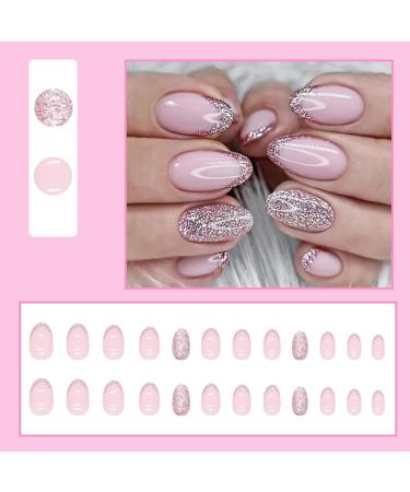24pcs Short Square False French Tip False Nails Stick on Nails Glitter Press on Nails Removable Glue - on Fake Nails Acrylic Full Cover Nails Women Girls Nail Art Accessories (French Flash Pink) - Buy Online on GoSupps.com