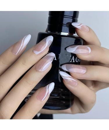 24Pcs/Set Press On Nails Medium Length White Lnes False Nails Acrylic Fake Nails Full Cover Nails Tips Artificial Finger Manicure Press on nails for Women and Girls - Buy Online on GoSupps.com