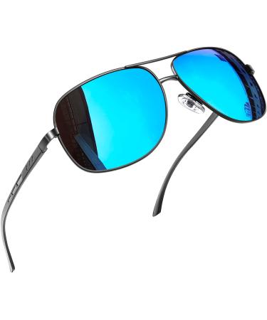 Joopin Polarised Sunglasses Mens UV Protection Al-Mg Metal Frame Double Bridge Aviation Sunglasses for Men Women Sun Glasses for Driving A06-gun Frame Blue Mirrored Lens