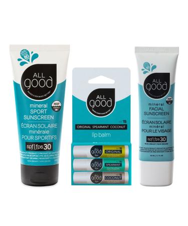 All Good SPF 15 Lip Balm Mineral & Facial Sunscreen Bundle - Broad Spectrum SPF 30+ Water Resistant - Includes (1) SPF 30 Sport Sunscreen (1) Lip Balm SPF 15 3-Pack and (1) Facial Sunscreen