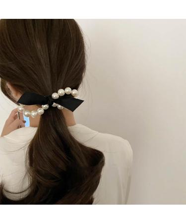 Dervivea French Pearl Bow Hair Rope Ties Pearl Ponytail Holder Hair Tie Black Bow Hair Scrunchies Elastic Bow Pearl Hair Rope Band Ribbon Bow Hair Rubber Band Decorative Hair Accessories(Ribbon Bow) - Buy Online on GoSupps.com