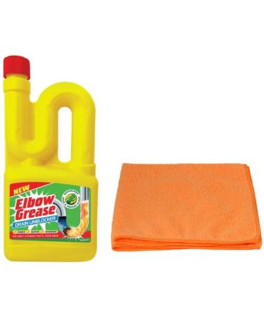 Elbow Grease Drain Unblocker 750 ml Effective for Sinks Baths Showers - For Stubborn Blockages-with Ultra Absorbent Microfibre Cleaning Cloth