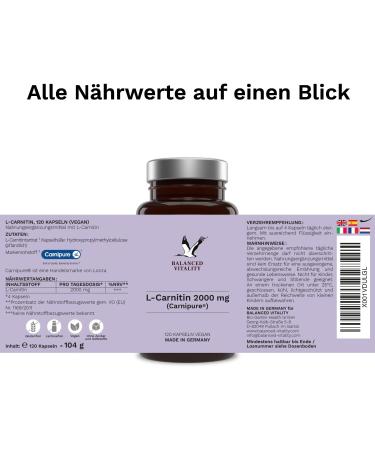 L-Carnitine 2000 mg - 120 Vegan Capsules | Raw Material Carnipure by Lonza | High-Dosed Laboratory Tested Made in Germany - Boost Your Vitality! - Buy Online on GoSupps.com