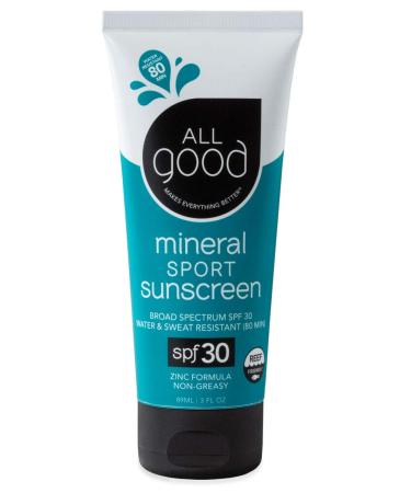 All Good Sport Face & Body Sunscreen Lotion - UVA/UVB Broad Spectrum SPF 30+, Water Resistant, Coral Reef Friendly - Zinc, Shea Butter, Coconut Oil, Aloe (3 oz) 3 Fl Oz (Pack of 1)