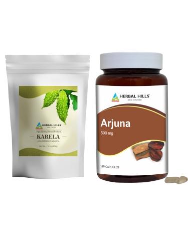 HERBAL HILLS Karela Powder Bitter Gourd and Arjuna Capsules Terminalia Pack of 2 Combo