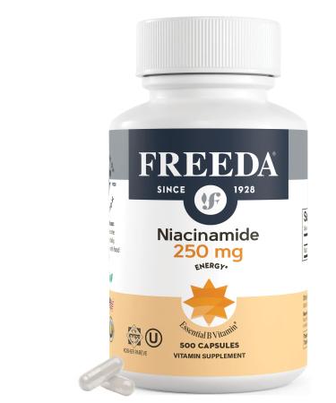 Freeda Niacinamide - Vitamin B3 Niacinamide 250 mg - Vegetarian No Flush Niacin Formula - B3 Vitamins Niacinamide Supplement - Niacin Flush Free Niacin Supplement Vitamin B3 Nicotinamide 500 Capsules