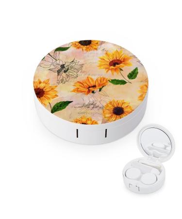 Vintage Sunflower Contact Lens Case Colored Contact Lens Box Holder Container with Mirror Portable Eye Contact Holder Travel Kit with Lens Cleaner Solution Bottle Tweezers Outdoor And Office Daily Use
