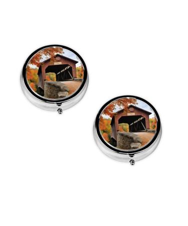 (Albany Covered Bridge) Round Pill Box 3 Compartment Pill Box Mini Decorative Pocket Purse Portable Travel Medicine Tablet Vitamin Holder Organizer Pill Case