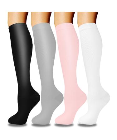 Actinput 4 pairs of compression stockings for women men colorful support stockings compression socks for sports flight running travel cycling nurse 4104 - white L -XL