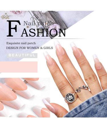 Aksod Long Coffin French Manicure Press on Nails Tips - Glossy Pink Fake Nails - 24Pcs Full Cover False Nails for Women and Girls - Buy Online on GoSupps.com